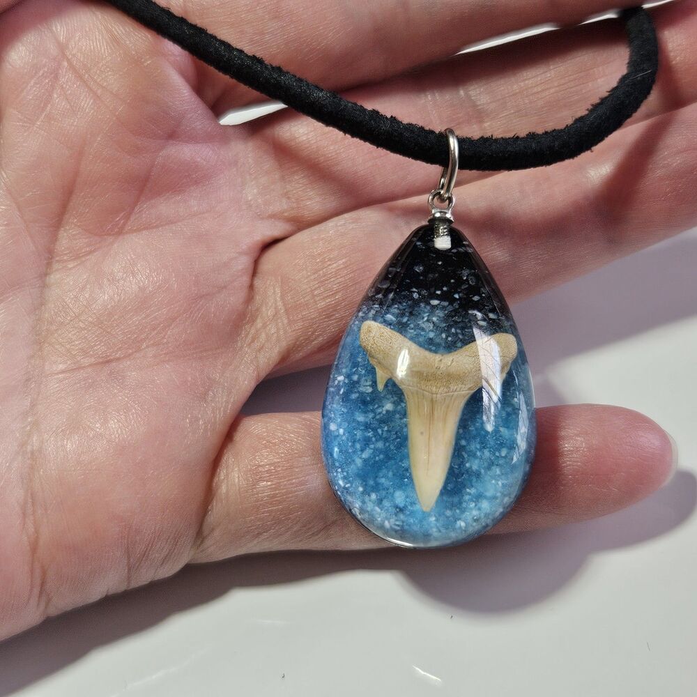 Shark Tooth In Acrylic Resin Pendant On Suede Cord Chain 18"
